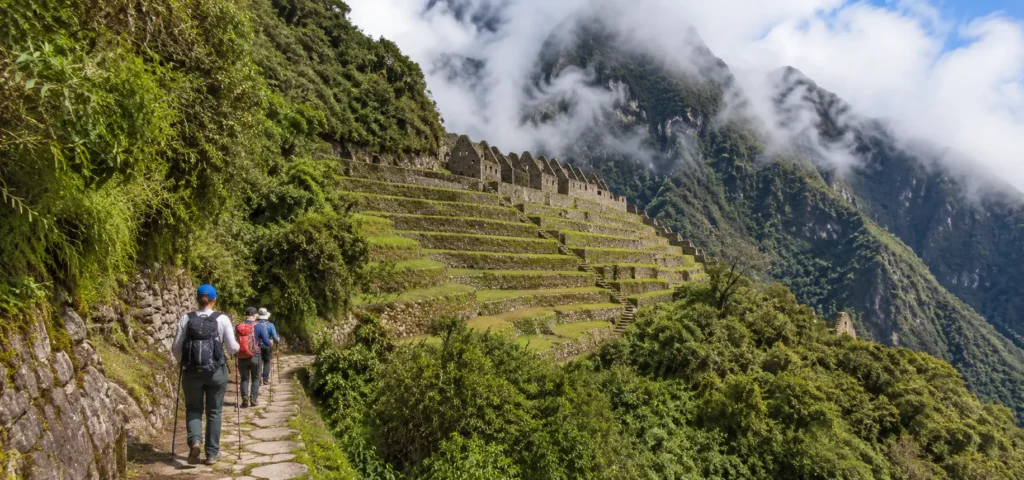 Wiñay Wayna terraced Inca ruins surrounded by lush cloud forest and misty Andean mountains