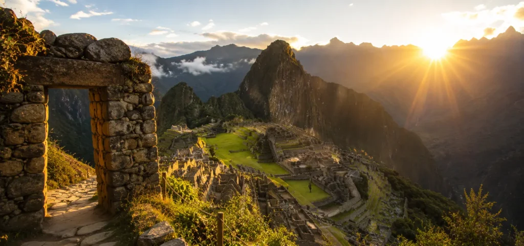 Machu Picchu citadel at sunrise seen from the Sun Gate — final destination of the Inca Trail 4 days
