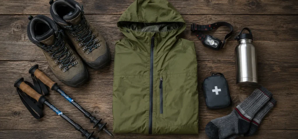 Hiking gear flat lay — boots, trekking poles, rain jacket, headlamp and water bottle for an Andean trek