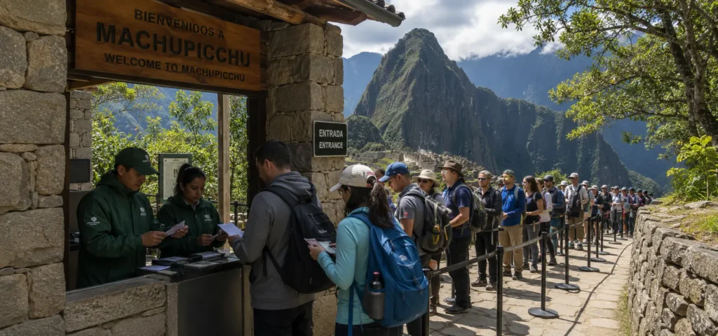 Visitors checking in at the entrance gate with passports and printed entry tickets