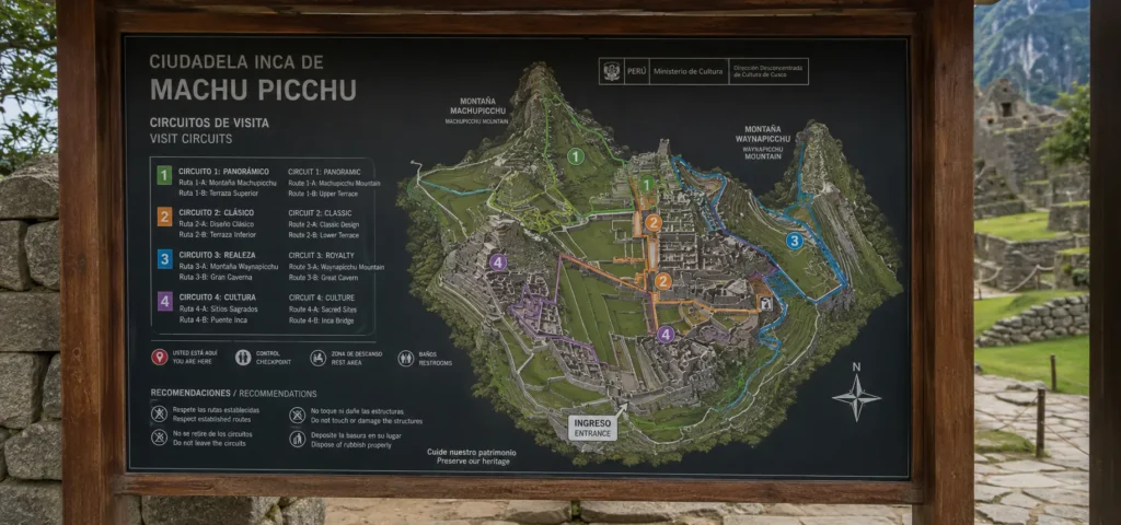 Numbered circuit map sign at the Inca citadel entrance showing one-way visitor routes
