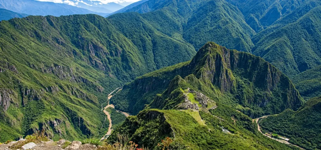 Panoramic view of the Machu Picchu citadel from Machu Picchu Mountain after a 3 to 4-hour hiking experience