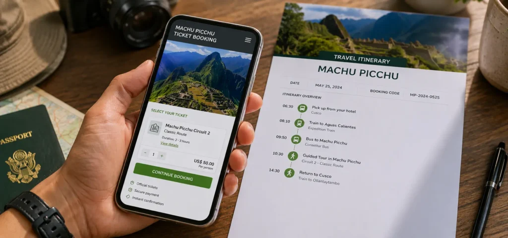 Booking a Machu Picchu ticket online — phone screen showing date and circuit selection