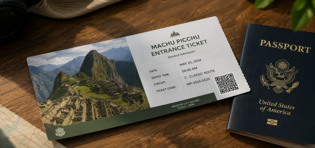 Printed entry permit and passport on a wooden table ready for an Andean citadel visit