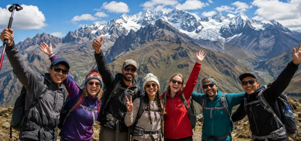 Diverse group of international hikers smiling at a high-altitude viewpoint above the Andean clouds
