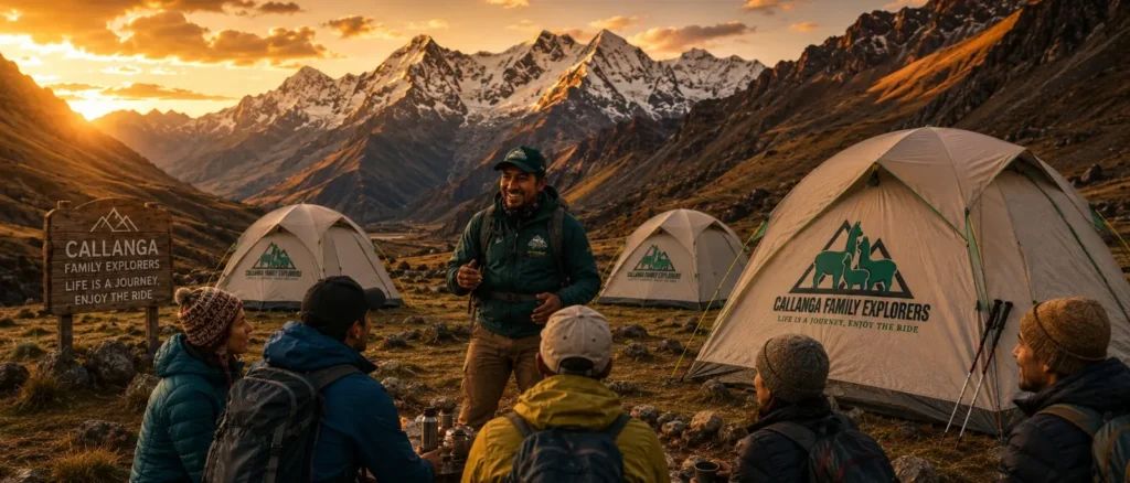 Callanga Family Explorers small group camp on the Inca Trail 4 days — tents with Andean peaks at golden hour