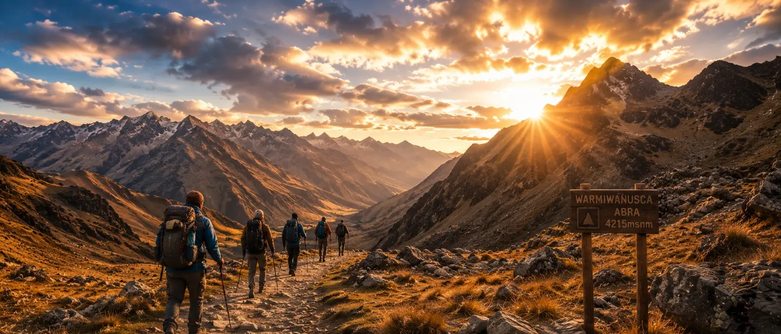Hikers approaching Dead Woman's Pass at sunrise — Andean sky and mountain peaks in the background