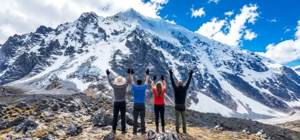 Small group of 4 travelers at the Salkantay Pass on the 5-day trek from Cusco with Callanga Family Explorers